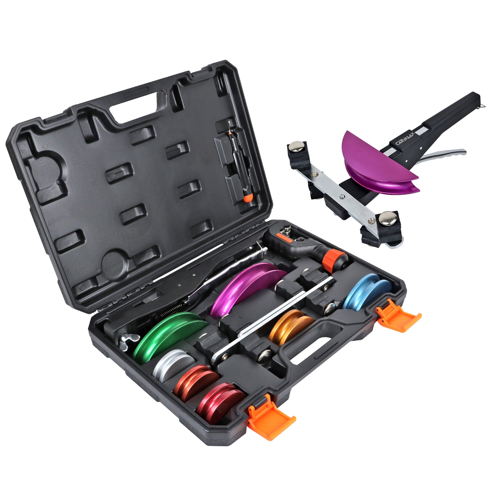 90° Ratcheting Pipe Tube Bender Set: 1/4" to 7/8" O.D. with 7-Color Aluminum Heads – LITE MODEL (No Reverse) with Tube Cutter & Deburring for HVAC, Air Conditioning and Hydraulic Applications