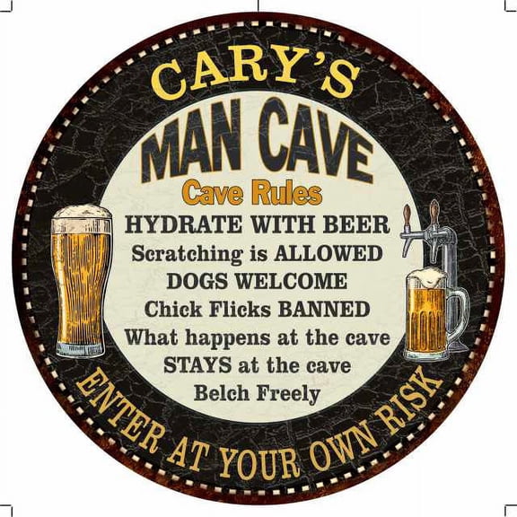 CARY'S Man Cave Rules 14" Round Metal Sign Garage Bar Decor 100140010043