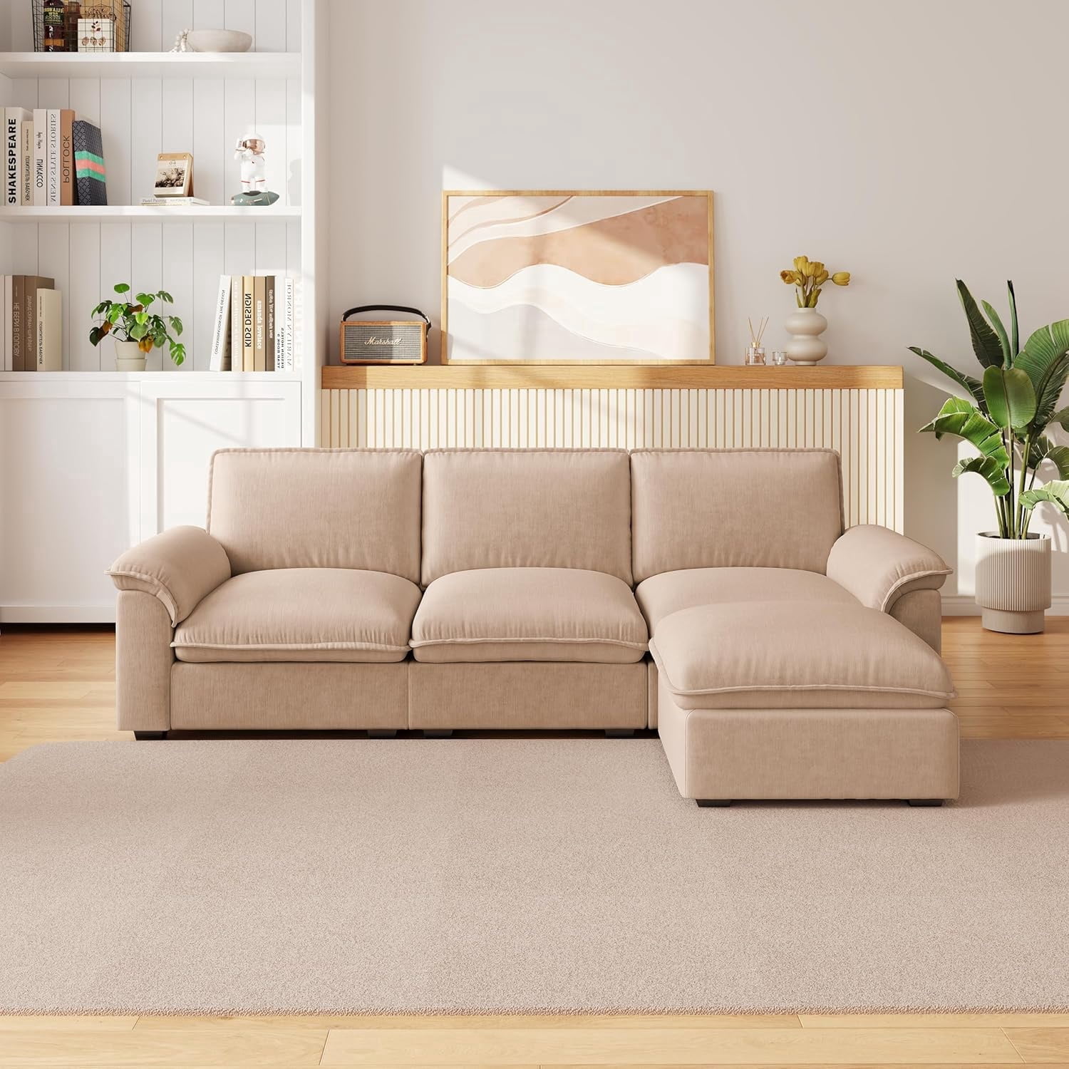 Carzzi-Life 102" Sofa Couch for Living Room, Modern Comfy Sofa with Extra Depth Seat and Ottoman, 3 Seater Chenille Couches for Living Room Apartment, Coffee