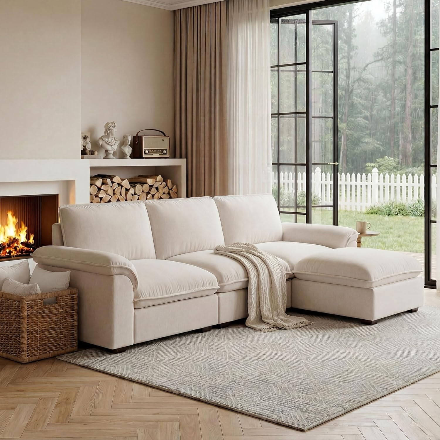 Carzzi-Life 102" Sofa Couch for Living Room, Modern Comfy Sofa with Extra Depth Seat and Ottoman, 3 Seater Chenille Couches for Living Room Apartment, Beige