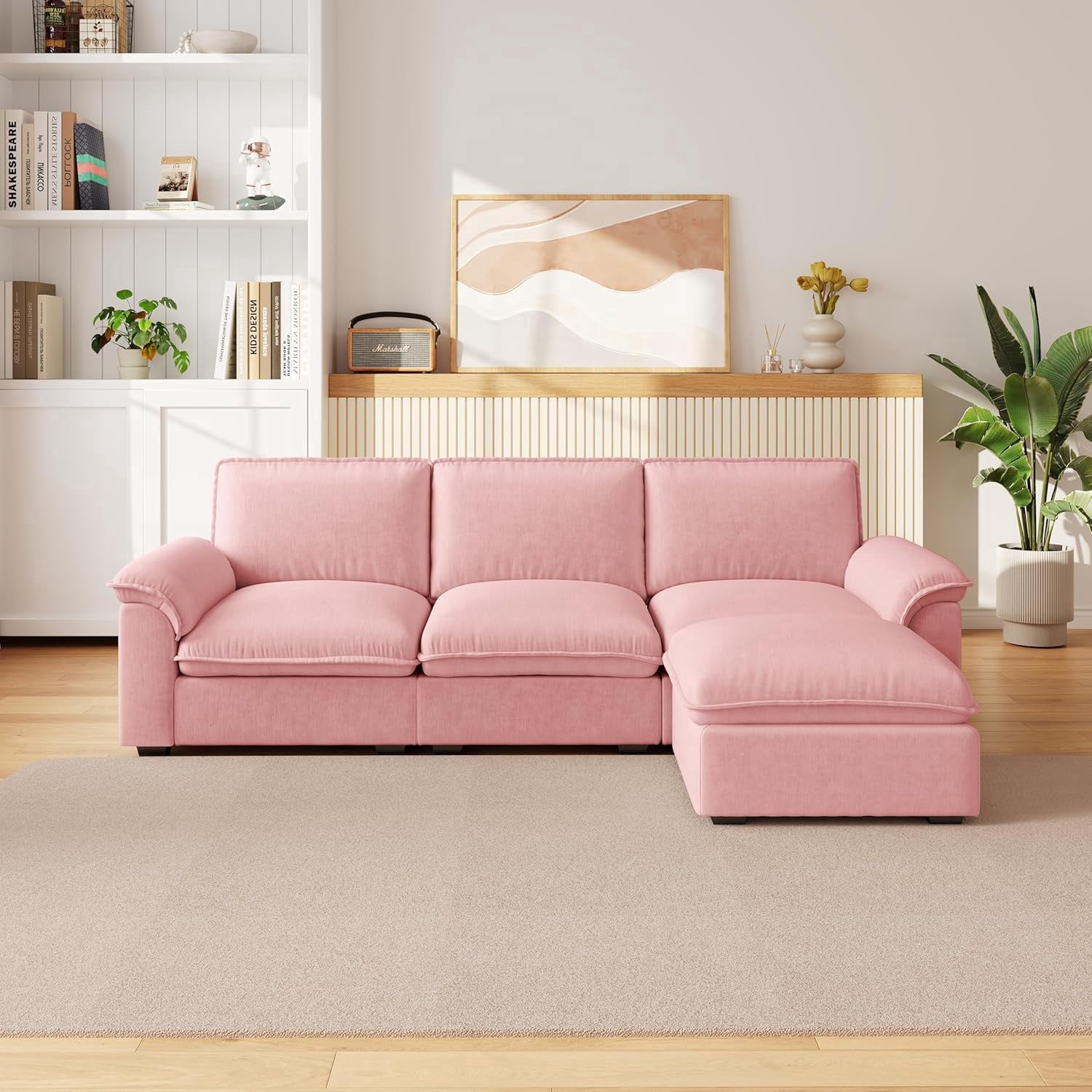 Carzzi-Life 102" Sofa Couch for Living Room, Modern Comfy Sofa with Extra Depth Seat and Ottoman, 3 Seater Chenille Couches for Living Room Apartment, Pink