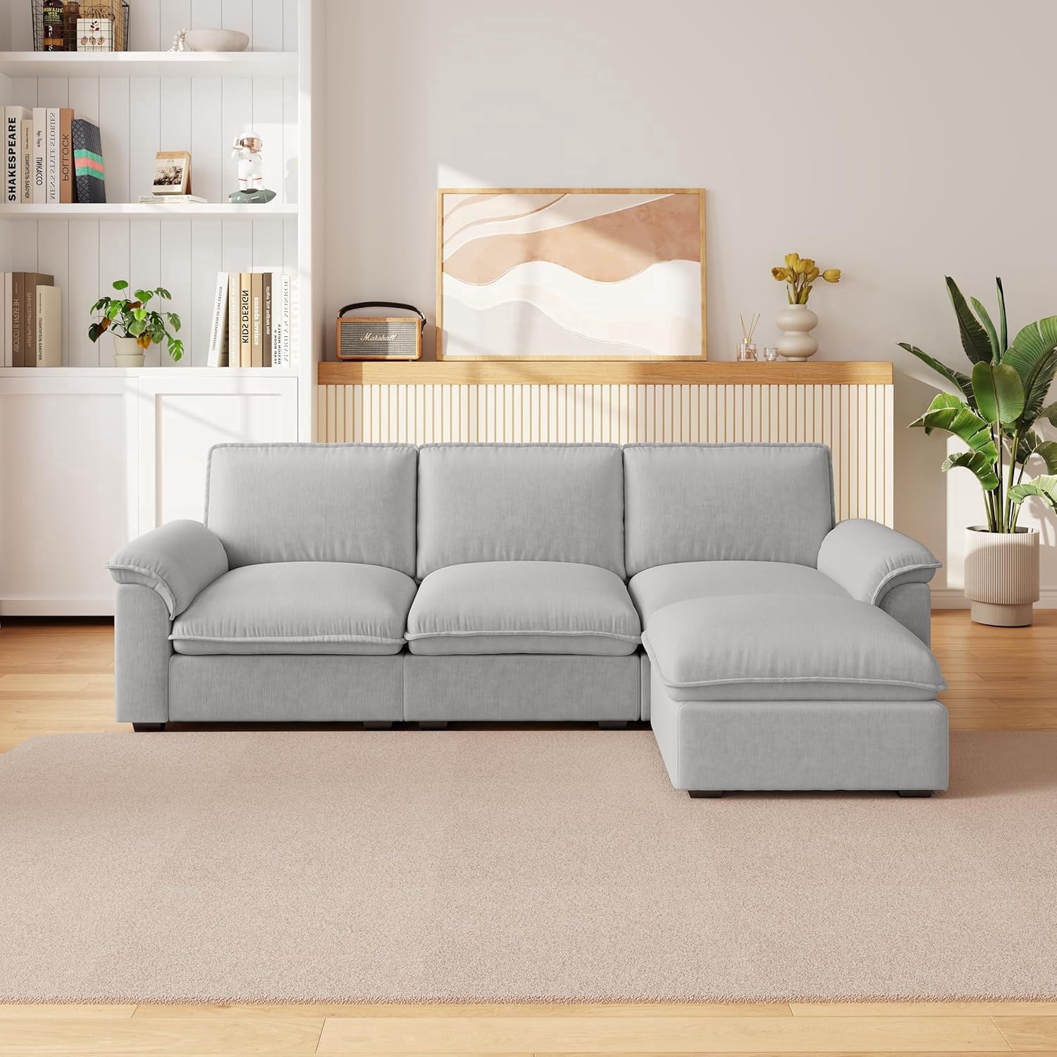 Carzzi-Life 102" Sofa Couch for Living Room, Modern Comfy Sofa with Extra Depth Seat and Ottoman, 3 Seater Chenille Couches for Living Room Apartment, Gray