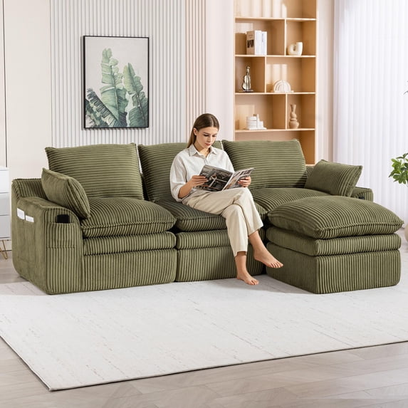 CARZZI 103" Cloud Modular Sectional Couches for Living Room, Modern L Shaped Boneless Sofa Couch with Ottoman & 2 Lumbar Pillows, Comfy Corduroy Deep Seat 3 Seater Sofa (Emerald) | No Assembly Needed