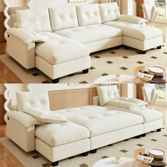 CARZZI 104.7" Sectional Sleeper Sofa with Pull Out Bed, Comfy Chenille U Shaped Convertible Sleeper Couch, Oversized Modern Modular Deep Seat Cloud Couches with USB Ports for Living Room, Beige White