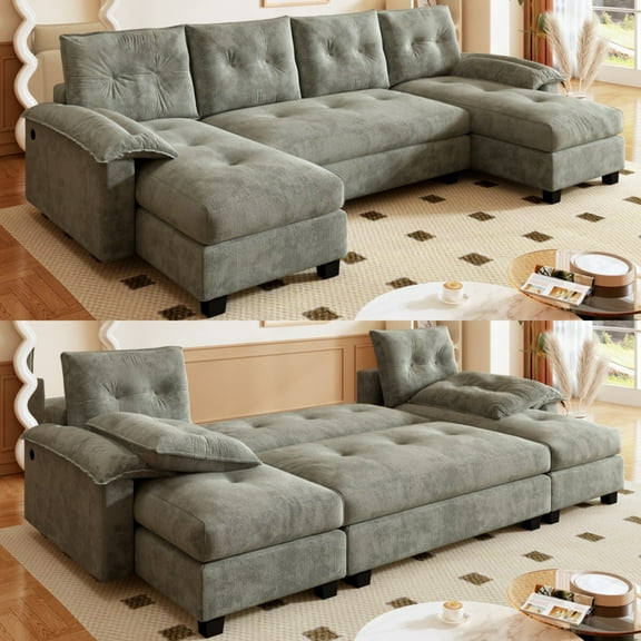 CARZZI 104.7" Sectional Sleeper Sofa with Pull Out Bed, Comfy Chenille U Shaped Convertible Sleeper Couch, Oversized Modern Modular Deep Seat Cloud Couches with USB Ports for Living Room, Grey