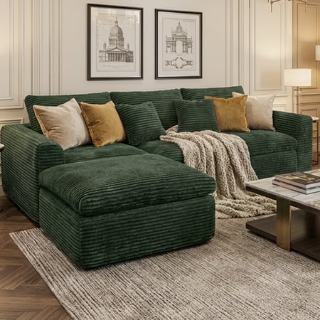 CARZZI 108'' Modular Sectional L-Shaped with Chair,Deep Seat Boneless Corner Couch for Living Room,Plush Corduroy Couch with Detachable Sofa Set,No Assembly(Left Facing Chaise,Green)
