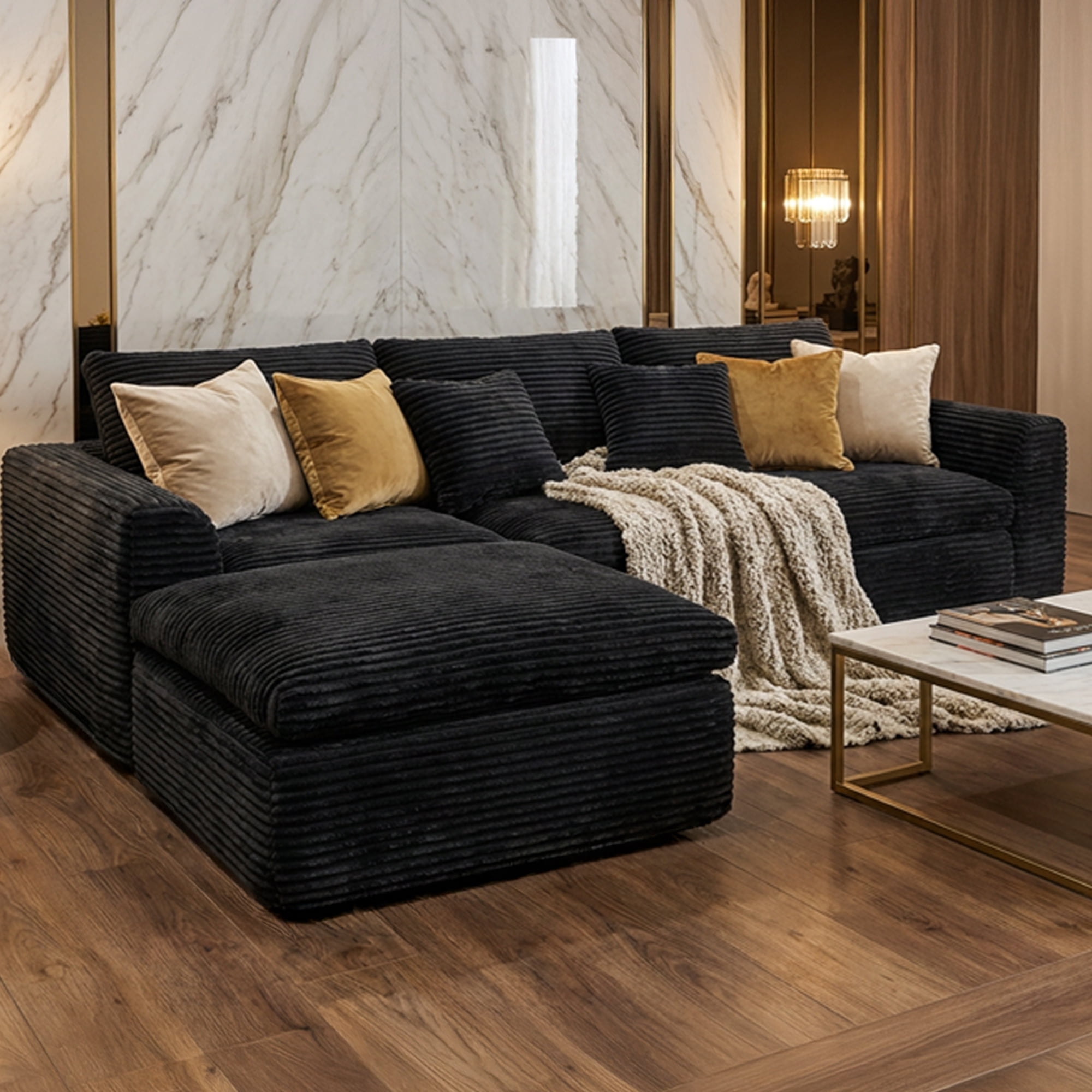 CARZZI 108'' Modular Sectional L-Shaped with Chair,Deep Seat Boneless Corner Couch for Living Room,Plush Corduroy Couch with Detachable Sofa Set,No Assembly(Left Facing Chaise，Black)