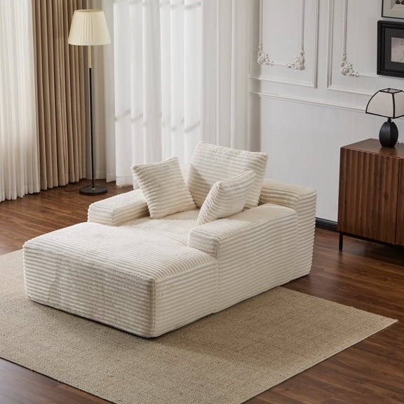 CARZZI 47" W Oversized Cozy Chaise Lounge Chair, Boneless Corduroy Upholstered Sleeper Sofa with Back Pillows and Wide Armrests, for Living Room, Bedroom, or Apartment, No Assembly Required, White