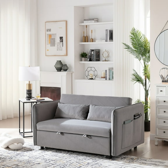 CARZZI 55" Velvet 3-in-1 Convertible Loveseat, Modern Boneless 2-Seater Sofa with 3-Level Backrest, Cloud Deep Seat Chaise Lounge Indoor with Side Pockets for Living Areas, Small Spaces, Gray