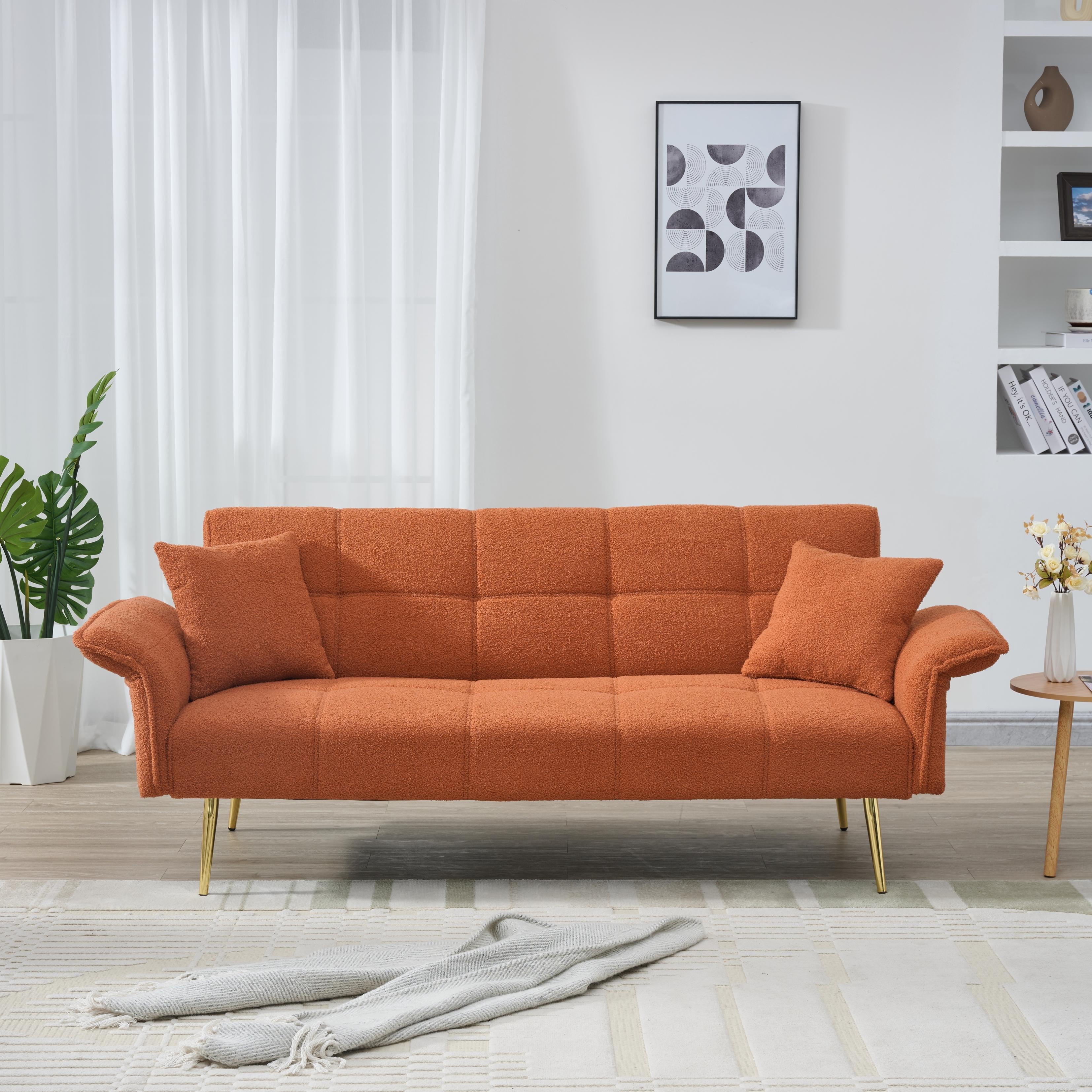 CARZZI 70" Upholstered Teddy Loveseat Sofa, Convertible Futon Sofa Couch with Adjustable Arms, Deep Seat 2 Seater Comfy Cushion Love Seat for Small Space Living Room Bedroom Apartment, Orange