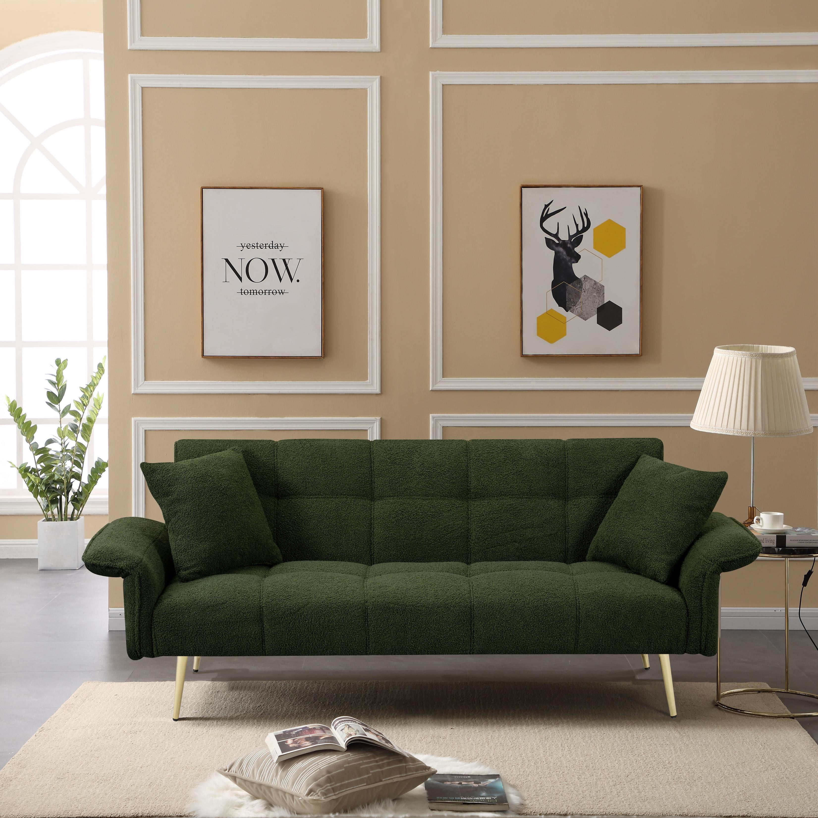 CARZZI 70" Upholstered Teddy Loveseat Sofa, Convertible Futon Sofa Couch with Adjustable Arms, Deep Seat 2 Seater Comfy Cushion Love Seat for Small Space Living Room Bedroom Apartment, Green