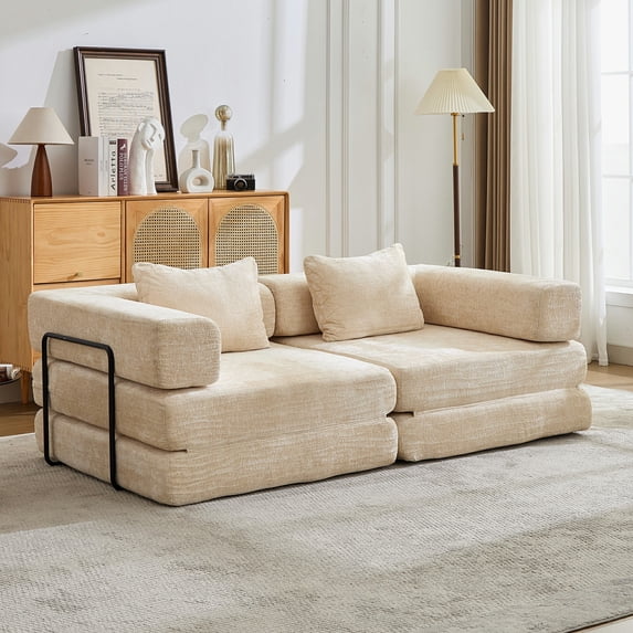 CARZZI Compression Floor Sofa Bed, 2-Seat Convertible Modular Sectional Couch with Fixed-Shape Frame, Comfy Foldable Mattress Boneless Sleeper Couch, Convertible Sofa for Living Room, Beige