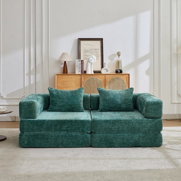 CARZZI Compression Floor Sofa Bed, 2-Seat Convertible Modular Sectional Couch with Fixed-Shape Frame, Comfy Foldable Mattress Boneless Sleeper Couch, Convertible Sofa for Living Room, Dark Green