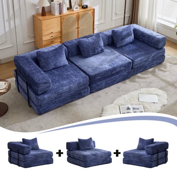 CARZZI Compression Floor Sofa Bed, 3-Seat Convertible Modular Sectional Couch with Fixed-Shape Frame, Comfy Foldable Mattress Boneless Sleeper Couch, Convertible Sofa for Living Room, Dark Blue
