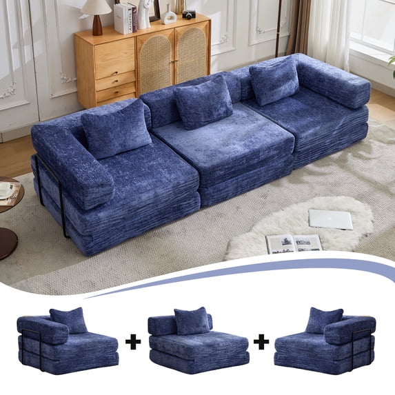 CARZZI Compression Floor Sofa Bed, 3-Seat Convertible Modular Sectional Couch with Fixed-Shape Frame, Comfy Foldable Mattress Boneless Sleeper Couch, Convertible Sofa for Living Room, Dark Blue