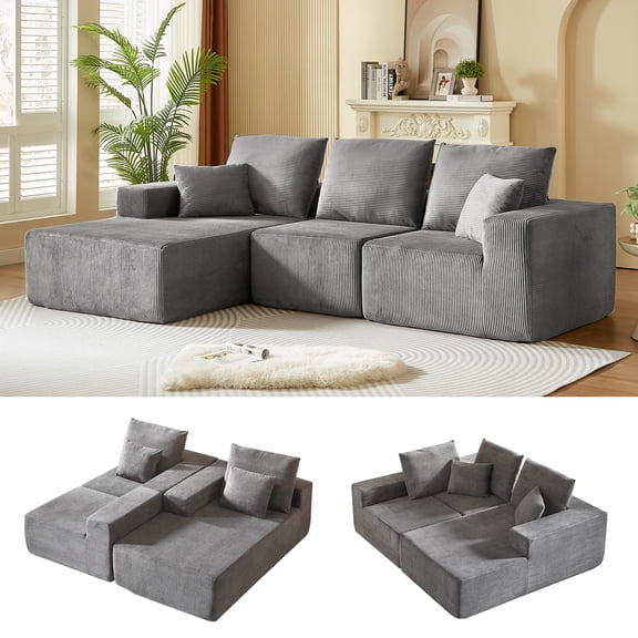 CARZZI LIFE 108" Modular Sectional Sofa Corduroy Boneless Couch with Chaise L-Shape Cloud Couch with Detachable Pillows No Assembly Sofa for Living Room, Black