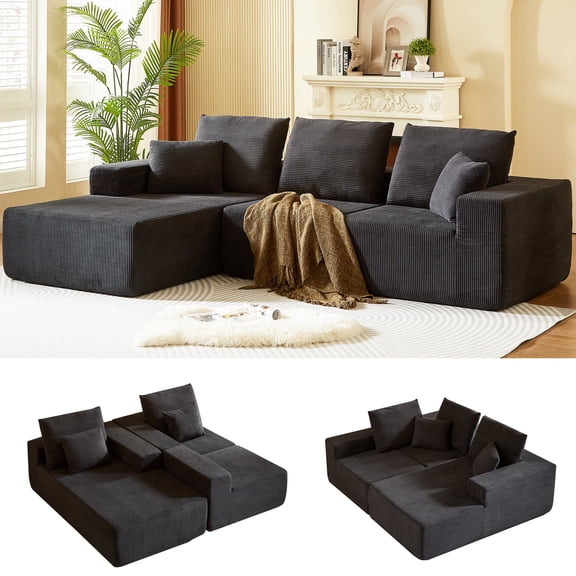 CARZZI LIFE 108" Modular Sectional Sofa Corduroy Boneless Couch with Chaise L-Shape Cloud Couch with Detachable Pillows No Assembly Sofa for Living Room, Gray