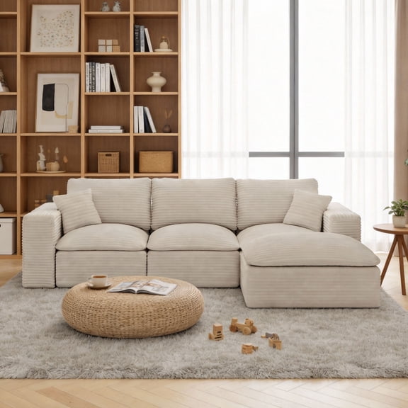 CARZZI LIFE 108” Modular Sectional Sofa Couches L Shaped Couch 3 Seater Cloud Sofa Memory Foam Sectional Couches for Living Room, Boneless Couch with Ottoman, Corduroy, Beige