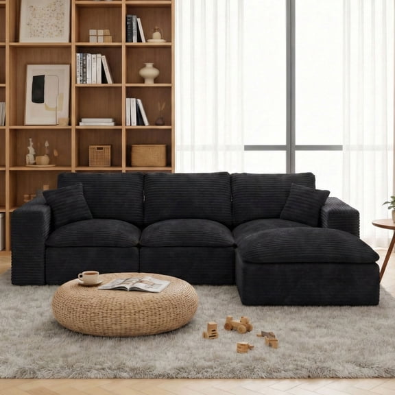 CARZZI LIFE 108” Modular Sectional Sofa Couches L Shaped Couch 3 Seater Cloud Sofa Memory Foam Sectional Couches for Living Room, Boneless Couch with Ottoman, Corduroy, Black