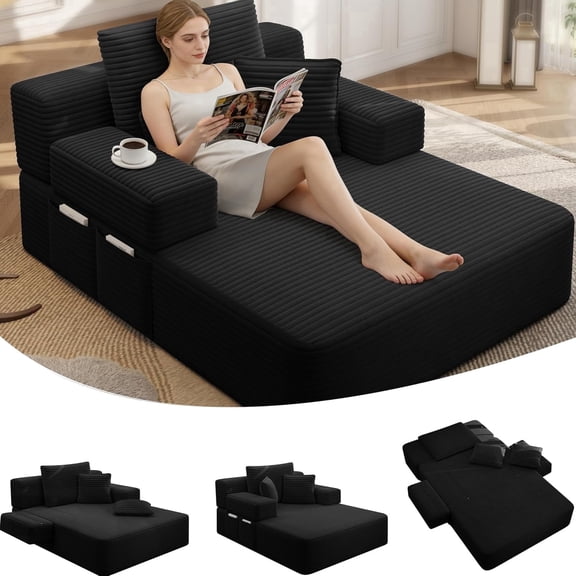 CARZZI LIFE 60 inch Oversized Chaise Lounge Chair Indoor, Corduroy Boneless Chaise with Armrests & Backrest /2 Pockets /3 Pillows, Lounge Sofa Bed for Adults Living Room (Black)