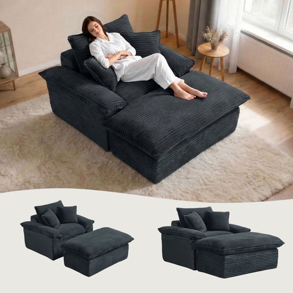 CARZZI LIFE 71 Inch Oversized Chaise Lounge Chair Indoor with Ottoman, Corduroy Boneless Cloud Couch Sleeper, Deep Seat Floor Sofa Bed and Reading Chair for Living Room (Dark Grey)