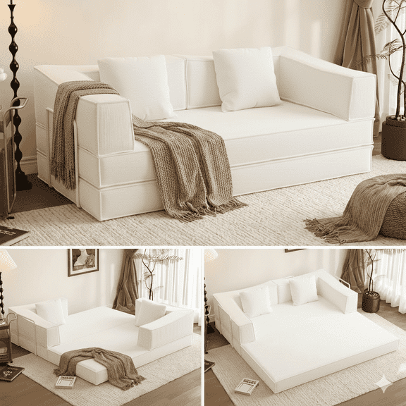 CARZZI LIFE 79" Convertible Sleeper Sofa Bed, Folding Floor Mattress Couch with Fixed-Shape Frame, Futon Boneless Couch Lounge Loveseat with Pull Out Bed, No Assembly Required (Beige)