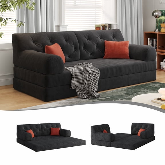 CARZZI LIFE 79" Convertible Sofa Bed with Pillows, Corduroy Folding Sleeper Sofa with Fixed-Shape Frame, Boneless Couch for Living Room Bedroom, Floor Sofa Lounge No Assembly Required (Grey)