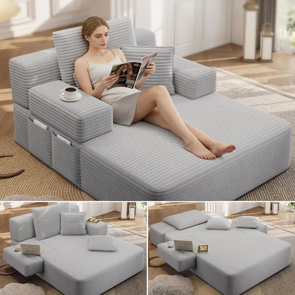 CARZZI LIFE Chaise Lounge Sofa Chair Indoor, Oversized Corduroy Upholstered Boneless Sofa Bed, Deep Seat Sleeper Couch Reading Chair for Living Room, No Assembly Required (Drak Grey)