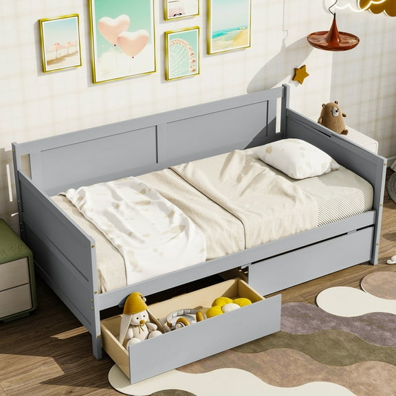 CARZZI LIFE Daybed with Storage Drawers, Twin Bed Frame with Storage, Solid Wood Twin Bed Frame Sofa Bed for Living Room Guest Room Bedroom Furniture, No Box Spring Needed, Gray