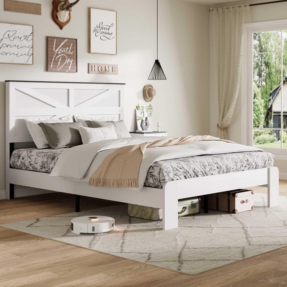 CARZZI LIFE Full Bed Frame Headboard, Solid Wood Platform Bed Frame with Headboard and Footboard, Noise Free/No Box Spring Needed/Easy Assembly Tool/Large Under Bed Storage, White