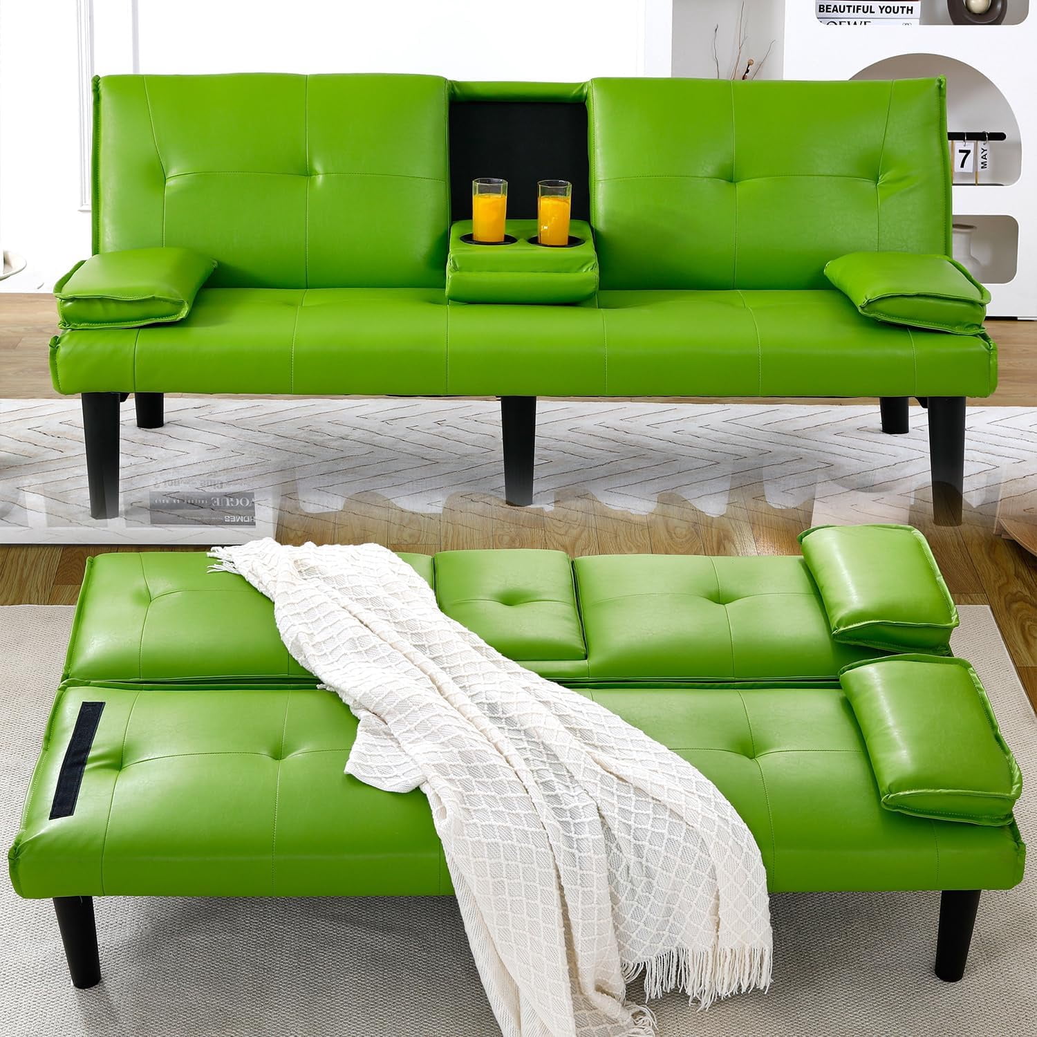 CARZZI LIFE Futon Sofa Bed PU Leather Modern Convertible Futon Couch with Removable Armrests, Cup Holders, Loveseat Sleeper Sofa Bed for Living Room, Apartment, Small Spaces (Green)
