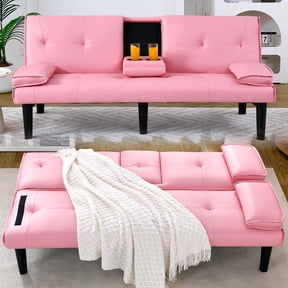 CARZZI LIFE Futon Sofa Bed PU Leather Modern Convertible Futon Couch with Removable Armrests, Cup Holders, Loveseat Sleeper Sofa Bed for Living Room, Apartment, Small Spaces (Pink)
