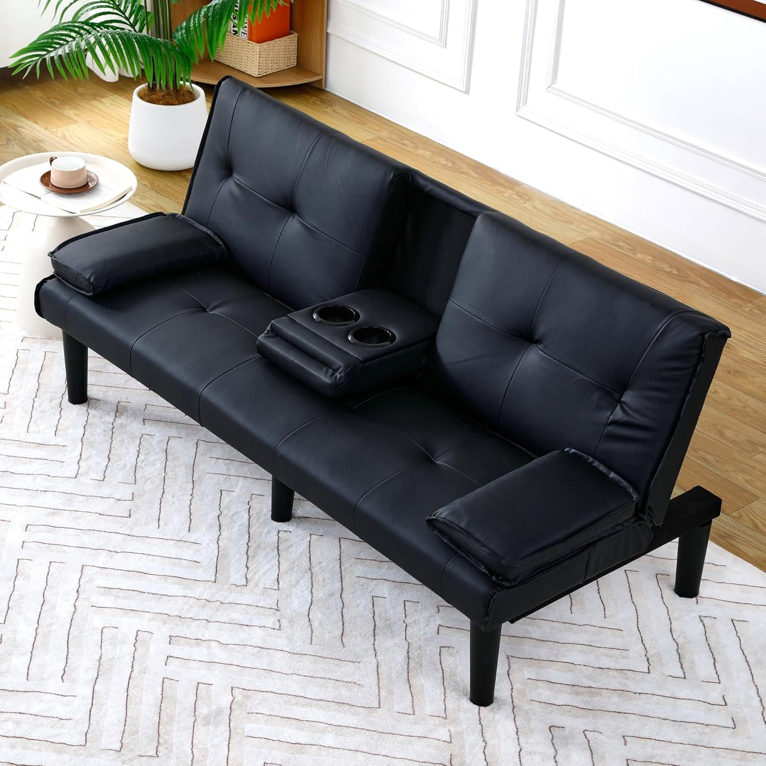 CARZZI LIFE Futon Sofa Bed PU Leather Modern Convertible Futon Couch with Removable Armrests, Cup Holders, Loveseat Sleeper Sofa Bed for Living Room, Apartment, Small Spaces (Black)
