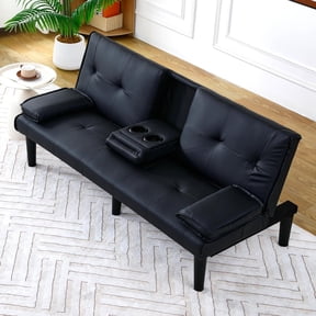CARZZI LIFE Futon Sofa Bed PU Leather Modern Convertible Futon Couch with Removable Armrests, Cup Holders, Loveseat Sleeper Sofa Bed for Living Room, Apartment, Small Spaces (Black)