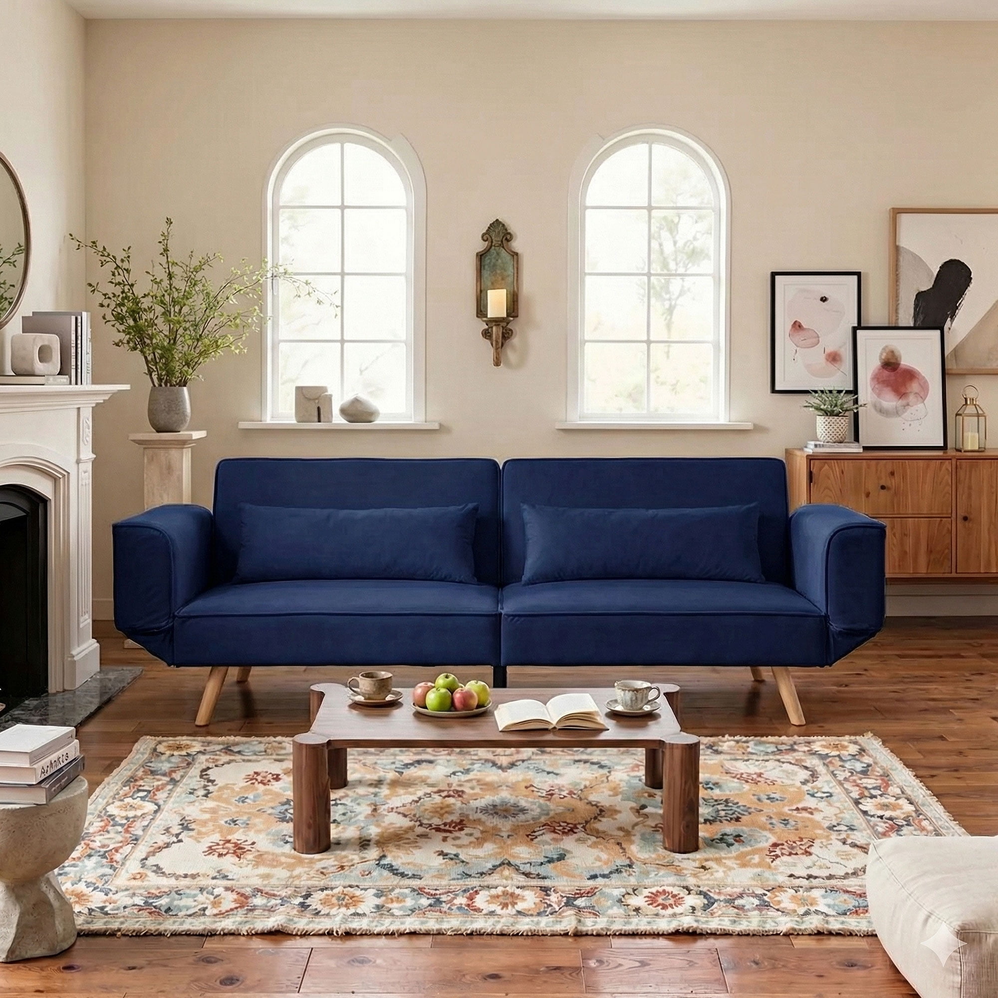 CARZZI LIFE Futon Sofa Bed, Sleeper Sofa, Small Velvet Couch with 5 Adjustable Armrests 3 Splitback Settings 600 LBS Capacity Easy Assembly for Living Rooms Apartments Guest Rooms, Navy Blue