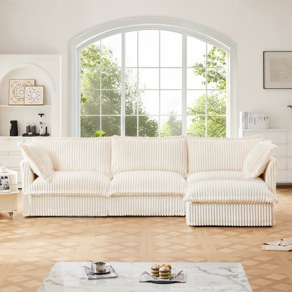 CARZZI LIFE Modern Modular Sectional Sofa, 120" Slipcovered L-Shaped Sofa Oversized 3-Seater Sofa with Movable Ottoman, Comfy Cloud Deep Seat Sofa with 2 Throw Pillows for Living Room, Corduroy Cream