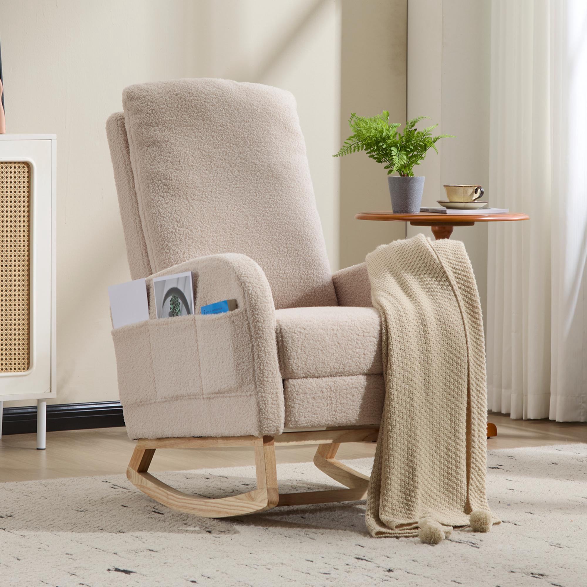 CARZZI LIFE Modern Nursery Rocking Chair, Teddy Upholstered Rocking Chair with Footrest, Comfortable Rocker Recliner with Side Pocket, Rocker Glider for Living Room, Bedroom, Nursing Room (Beige)
