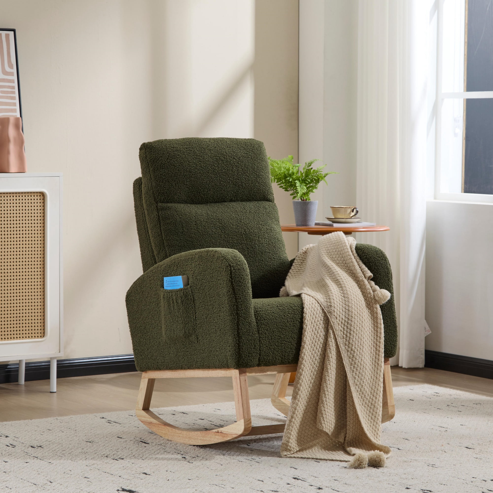 CARZZI LIFE Modern Nursery Rocking Chair, Teddy Upholstered Rocking Chair with Footrest, Comfortable Rocker Recliner with Side Pocket, Rocker Glider for Living Room, Bedroom, Nursing Room (Green)