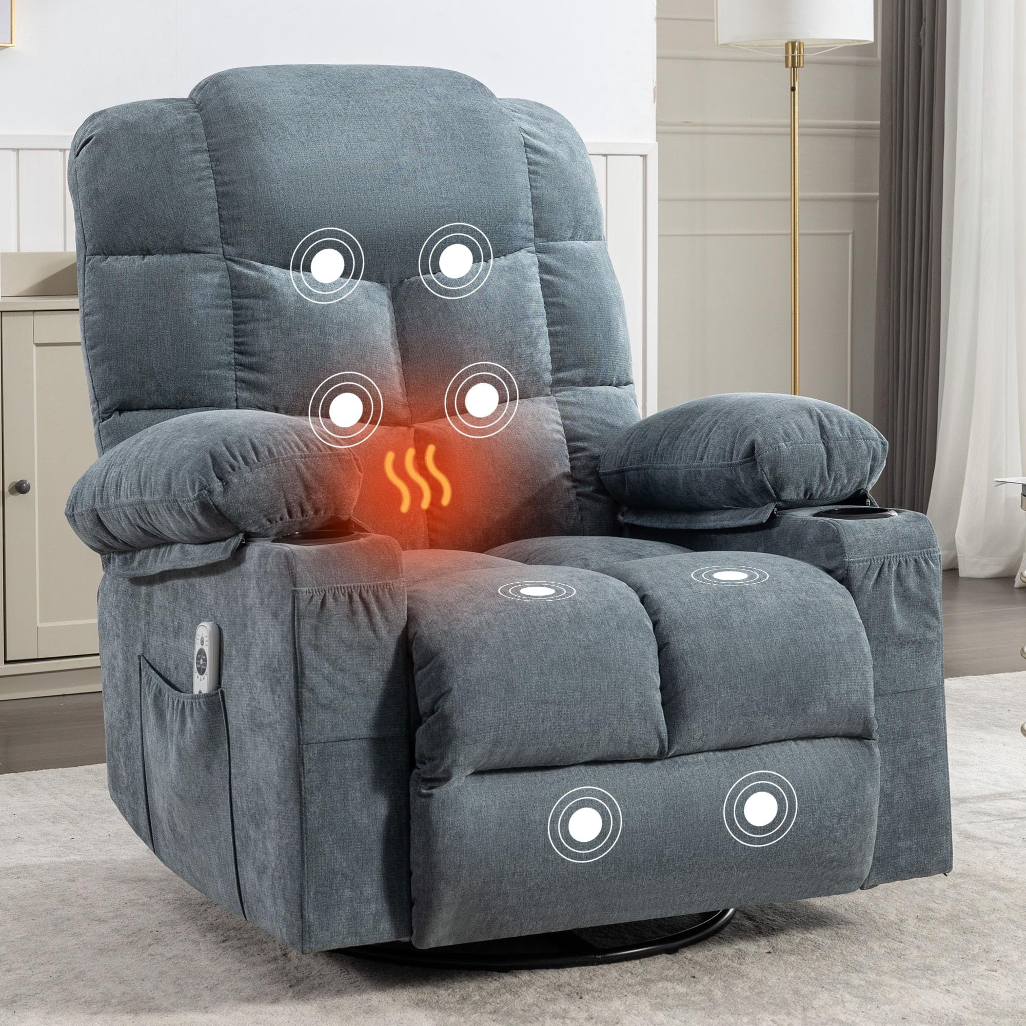CARZZI LIFE Oversized Massage Swivel Recliner Chair with Lumbar Heating for Living Room Rocker Recliner Single Sofa with Cup Holders and USB Charge Port, Large Big Chair Recliners for Adult