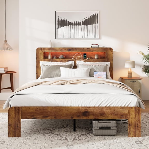 CARZZI LIFE Queen Wood Platform Bed Frame with Storage Headboard, Brown Rustic Bedframe with LED Light and Charging Station, Metal Slats Support, Noise Free, No Box Spring Needed (Dark Brown, Queen)