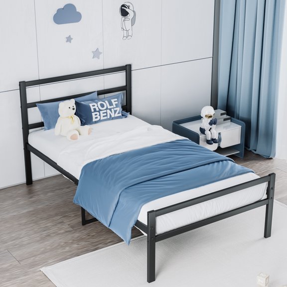 CARZZI LIFE Twin Size Metal Platform Bed Frame with Headboard, Modern Industrial Metal Platform Bed,Sturdy and Noise-Free, Easy Assembly,No Box Spring Needed (Black, Twin)