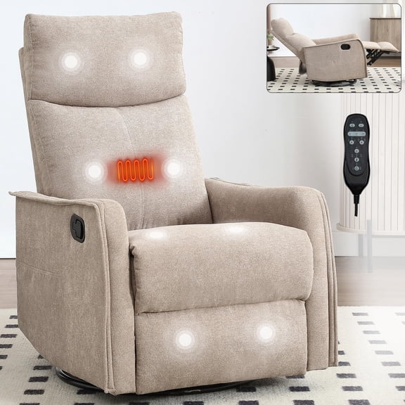 CARZZI Massage Chair Recliner with Heat, Swivel Rocking Chair Recliner with High Back, Manual Lazy Boy Recliners for Adults,Small Recliner Chair for Small Spaces, Living Room Bedroom, Fabric (Khaki)