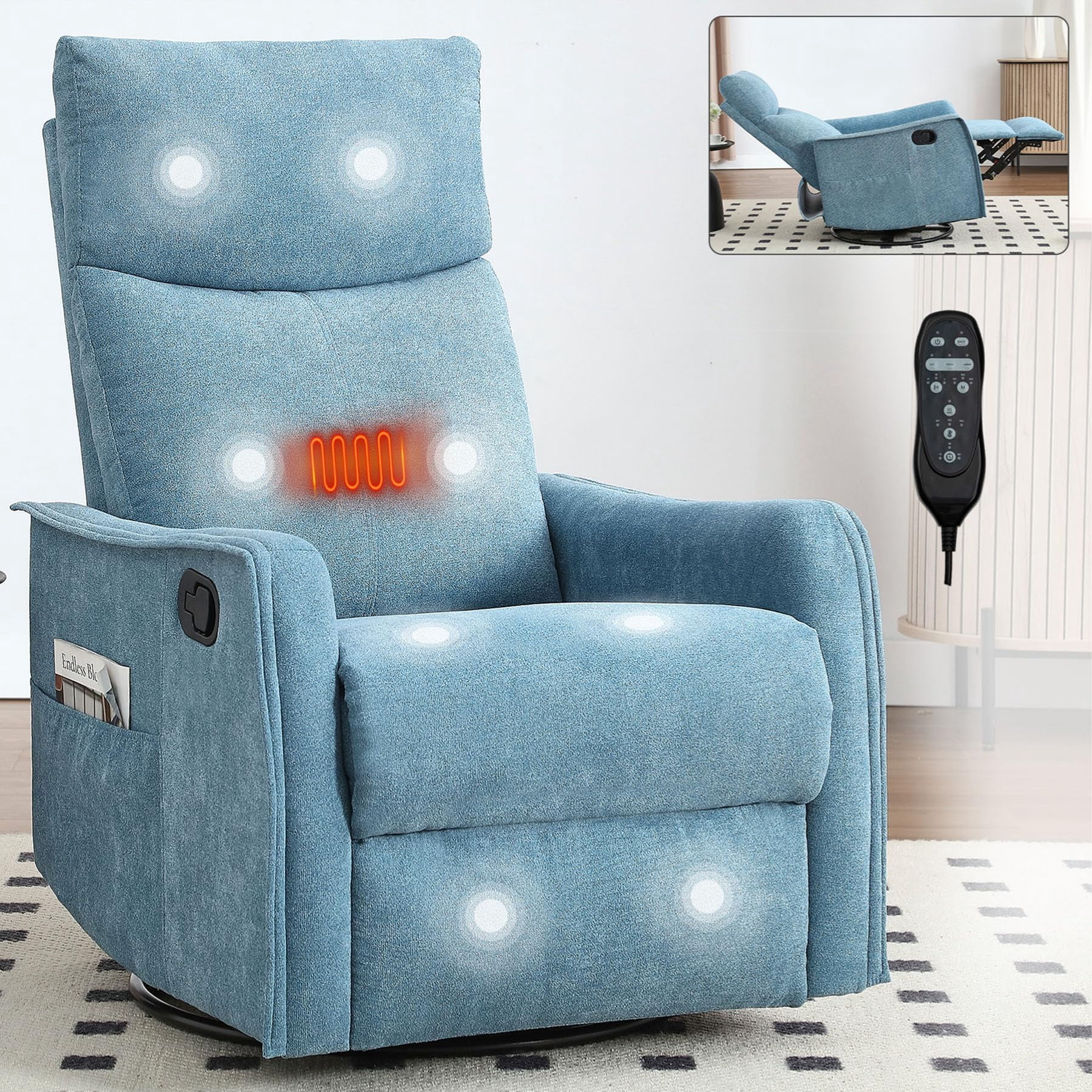 CARZZI Massage Chair Recliner with Heat, Swivel Rocking Chair Recliner with High Back, Manual Lazy Boy Recliners for Adults,Small Recliner Chair for Small Spaces, Living Room Bedroom, Fabric (Blue)