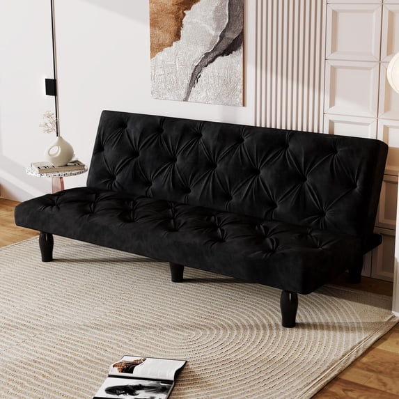 CARZZI Modern Convertible Futon Sofa Bed, Adjustable Loveseat Futon Couch with Metal Legs, Upholstered Sofa Bed with Wood Frame, Sleeper Couches for Small Compact Living Room,Office (Black-Velvet)