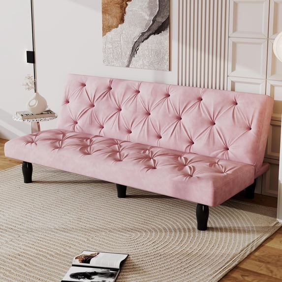 CARZZI Modern Convertible Futon Sofa Bed, Adjustable Loveseat Futon Couch with Metal Legs, Upholstered Sofa Bed with Wood Frame, Sleeper Couches for Small Compact Living Room,Office (Pink-Velvet)