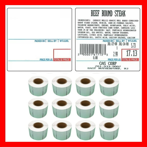 CAS Labels LST-8020 Thermal 12 Rolls - 6,000 Labels 58 x 60mm Printer Printing Scale Compatible with CAS LP-1000 CL-5000 CL-5500 CL-7200, Easy Weigh LS-100, VisionTech DLP-300 (8020, 12 Rolls)