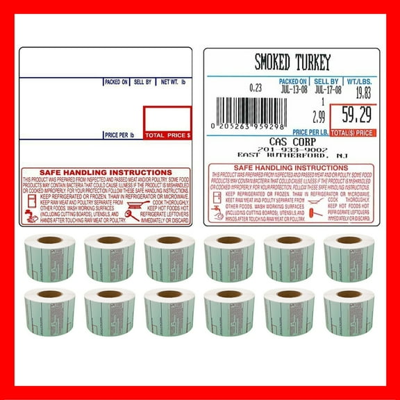 CAS Labels LST-8040 Thermal 12 Rolls - 6000 Labels 58 x 60mm Printer Printing Scale Compatible with CAS LP-1000 CL-5000 CL-5500 CL-7200, Easy Weigh LS-100, VisionTech DLP-300 (8040, 12 Rolls)