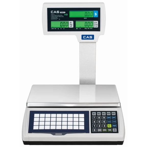 CAS S2000Jr Electronic Price Computing Scale w/ Pole - 30lb Capacity Dual Range, NTEP Certified Commercial Food Scale - Features an LCD Display w/ Backlight & Rechargeable Battery - Adapter Included