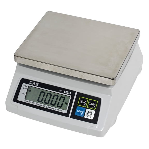 CAS SW-20 Kitchen Portion Scale - 20lb Capacity NTEP Certified Compact, Commercial Food Scale - Water Resistant and Battery Operated - Steel Platter and Adapter Included