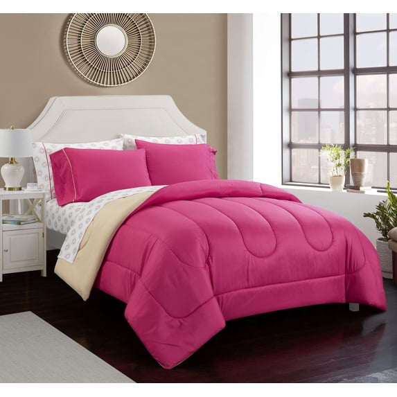 CASA 7-Piece Solid Reversible Comforter Set With BONUS Pillowcase, Fuschia, King